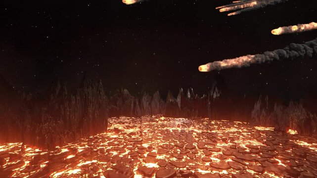 Primordial Earth Billions of Years Ago with Lava and Meteor Showers - Night Sky