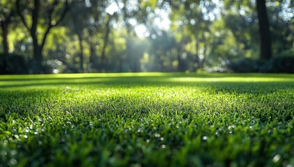 Naklejka premium Blurred background of lush green grass in soft morning sunlight.