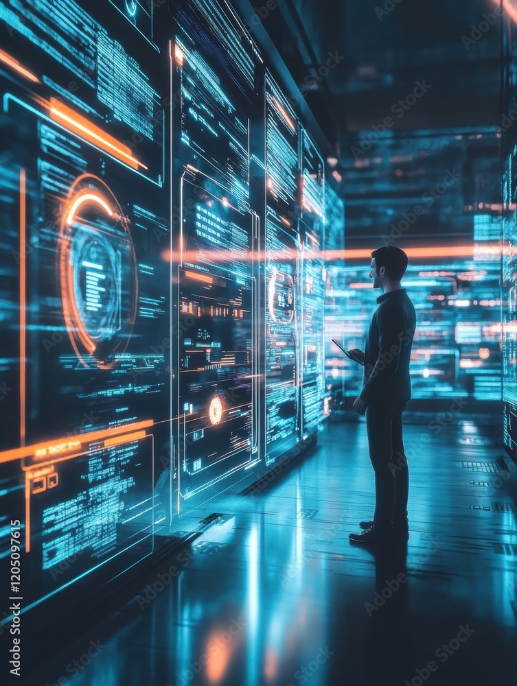 Aufkleber Man interacting with futuristic digital interface in a high tech environment during nighttime hours. Generative AI