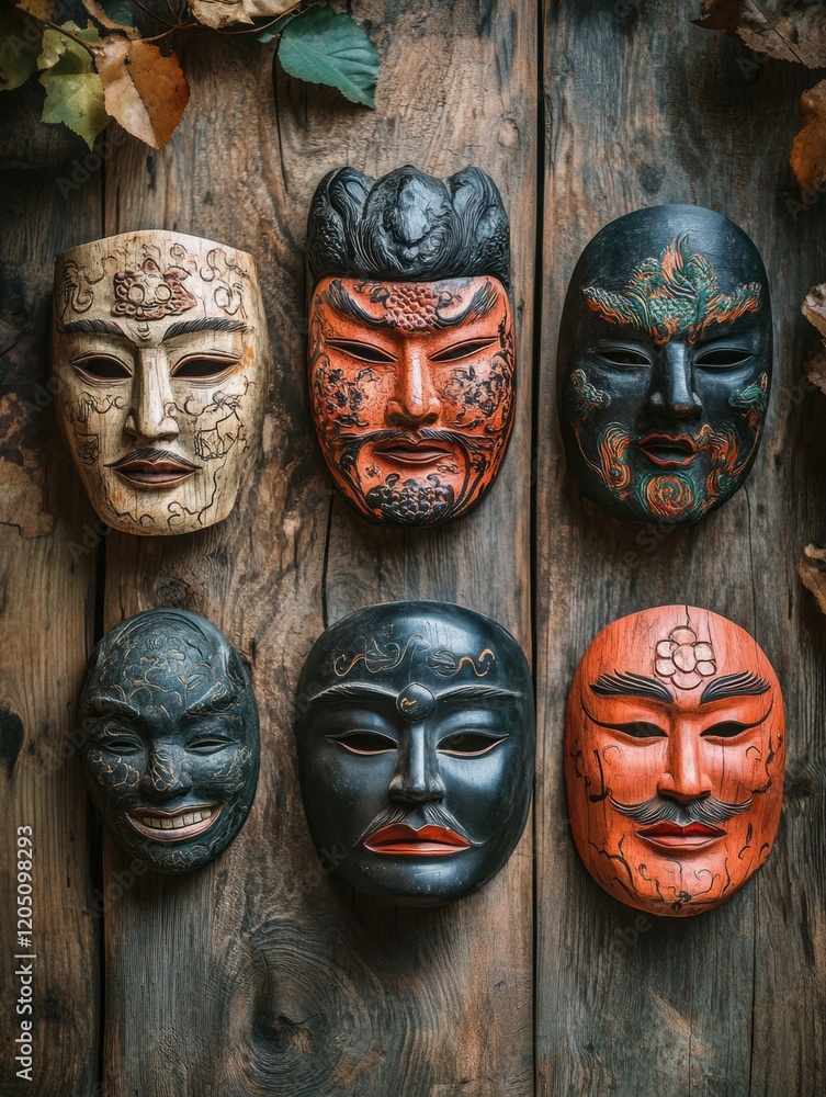 Poster colorful handcrafted masks displayed on a wooden surface surrounded by autumn leaves in natural ligh