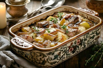 Traditional Alsatian terrine with steaming Baeckeoffe, rustic and cozy charm