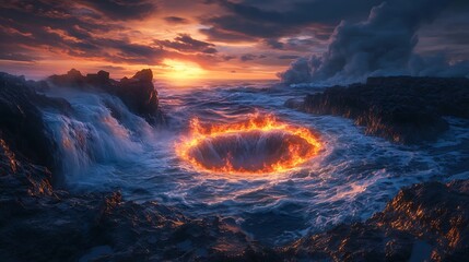A fiery ring illuminating a rocky coastline at twilight, the flames and water creating a captivating scene