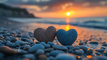 Fototapeta premium Romantic Sunset Two Stone Hearts on Pebble Beach