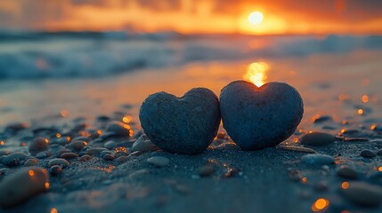 Fototapeta premium Sunset Beach Love Two Stone Hearts at Golden Hour