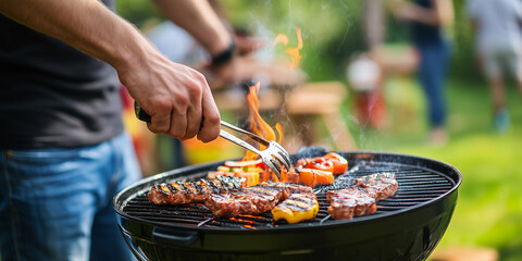 Eine Gruppe von Leuten grillt in ihrem Garten – eine glückliche Familie ist gemeinsam. Grillen, Familienleben, Essen,Barbeque, Steak