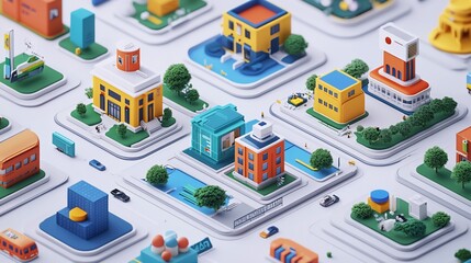 Isometric city model with colorful buildings, trees, and vehicles.