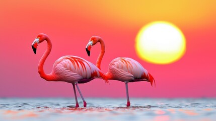Obraz premium Two Vibrant Flamingos Silhouetted Against a Colorful Sunset