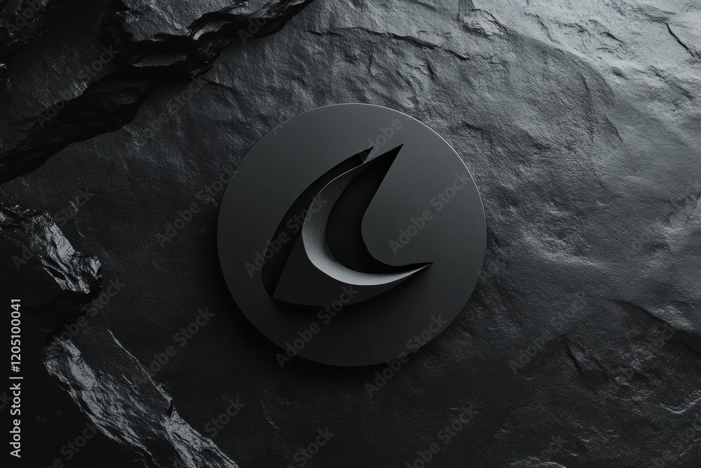 Poster minimalist black logo design featuring sleek shapes on a textured dark surface in a modern aesthetic