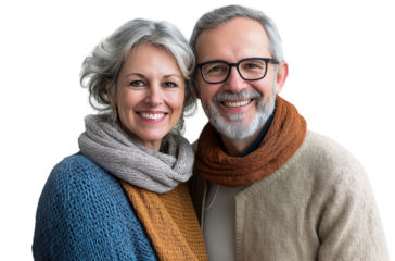 A smiling middle-aged couple, a man and a woman dressed in light-colored with scarves around their necks, isolated on a transparent PNG background