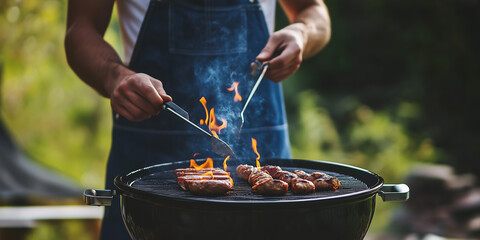 Eine Gruppe von Leuten grillt in ihrem Garten – eine glückliche Familie ist gemeinsam. Grillen, Familienleben, Essen,Barbeque, Steak