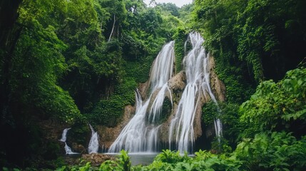 Lush Tropical Waterfall Cascading Through Green Foliage