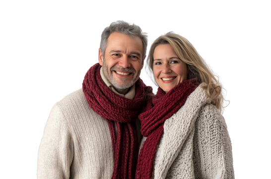 A smiling middle-aged couple, a man and a woman dressed in light-colored with scarves around their necks, isolated on a transparent PNG background - Powered by Adobe