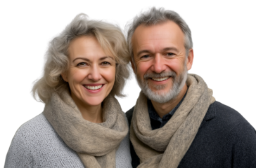 A smiling middle-aged couple, a man and a woman dressed in light-colored with scarves around their necks, isolated on a transparent PNG background