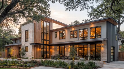 Modern Architectural Gem: A stunning contemporary home bathed in the warm glow of the setting sun, showcasing clean lines, expansive windows, and a blend of natural wood and white stucco.