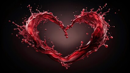 Red wine and heart shaped abstract splash on a dark background, splashing liquid