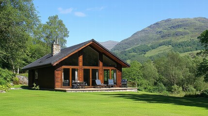 Mountain View Chalet: A stunning contemporary log cabin nestled in a picturesque mountain valley, boasting expansive windows offering breathtaking views of the surrounding landscape.