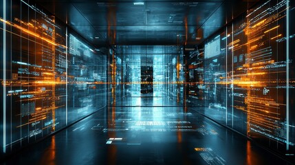 Futuristic digital data center interior with glowing screens displaying code and information.