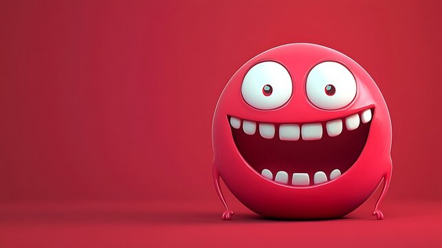 A mabolo with tiny cartoon eyes and a happy grin on a soft red background
