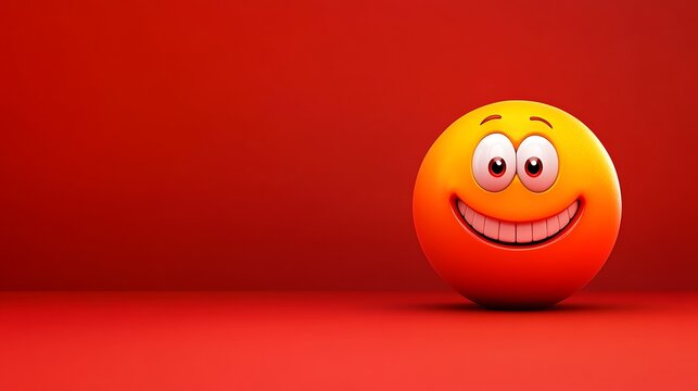 A mabolo with tiny cartoon eyes and a happy grin on a soft red background