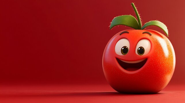 A mabolo with tiny cartoon eyes and a happy grin on a soft red background