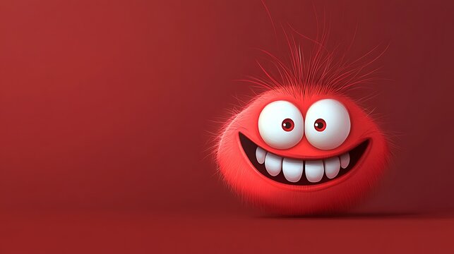 A mabolo with tiny cartoon eyes and a happy grin on a soft red background