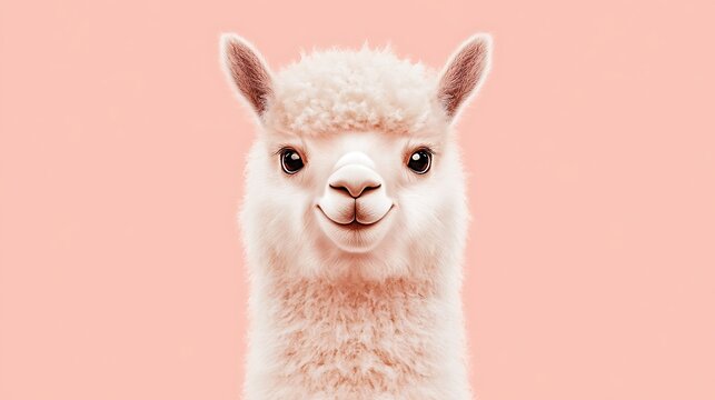 A ilama with charming cartoon eyes and a gentle smile on a light pink background
