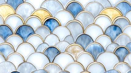 Fototapeta premium Elegant Blue Gold White Scallop Tile Mosaic Pattern