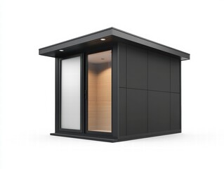 Modern Black Garden Office: A sleek, modern garden office or studio with a flat roof and large glass sliding door, offering a private and stylish workspace or creative retreat.