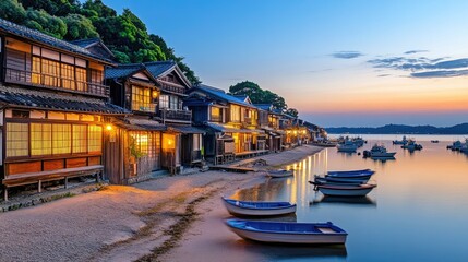 Illuminated Japanese waterfront houses at sunset