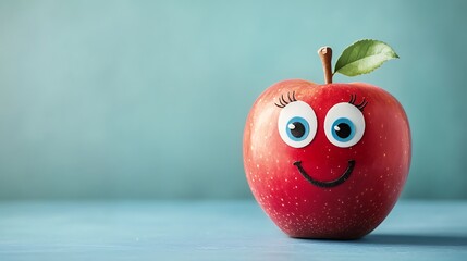 A bright red apple with large cartoon eyes and a cheerful expression on a light blue background