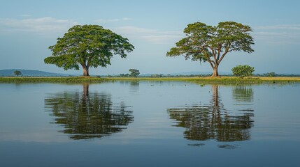 Twin trees reflected in calm lake, serene landscape, sunrise