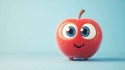 A bright red apple with large cartoon eyes and a cheerful expression on a light blue background