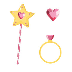 Princess elements. princess wand, ring, diamond.