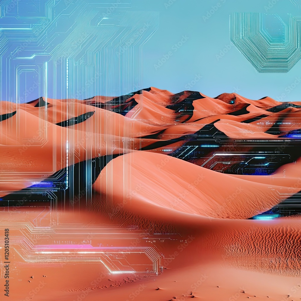 Poster digital circuitry overlay on desert dunescape
