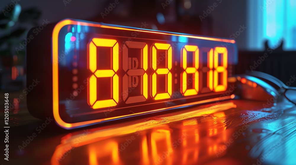 Poster a closeup of a digital alarm clock displaying the time. the clock is sitting on a wooden table. the 