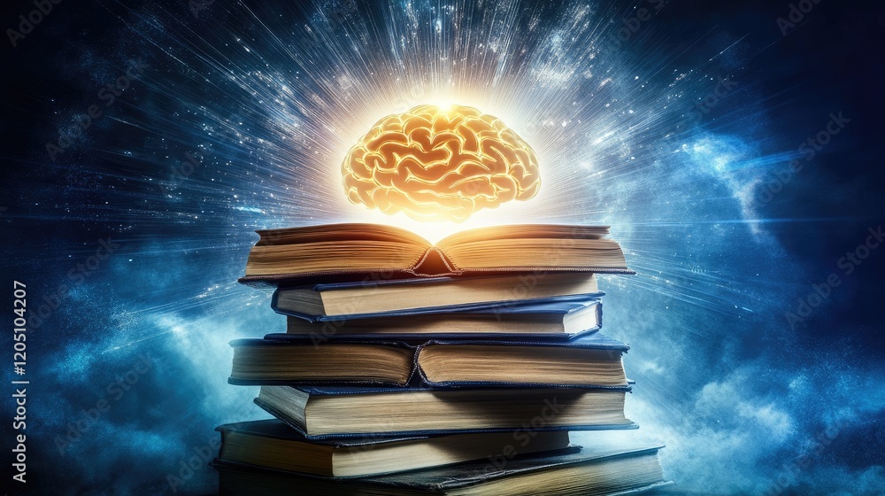 Poster illuminated brain emerging from stack of books