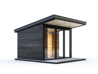 Modern Backyard Retreat: A contemporary shed design with sleek black siding and large glass doors offering a glimpse of a bright, inviting interior.