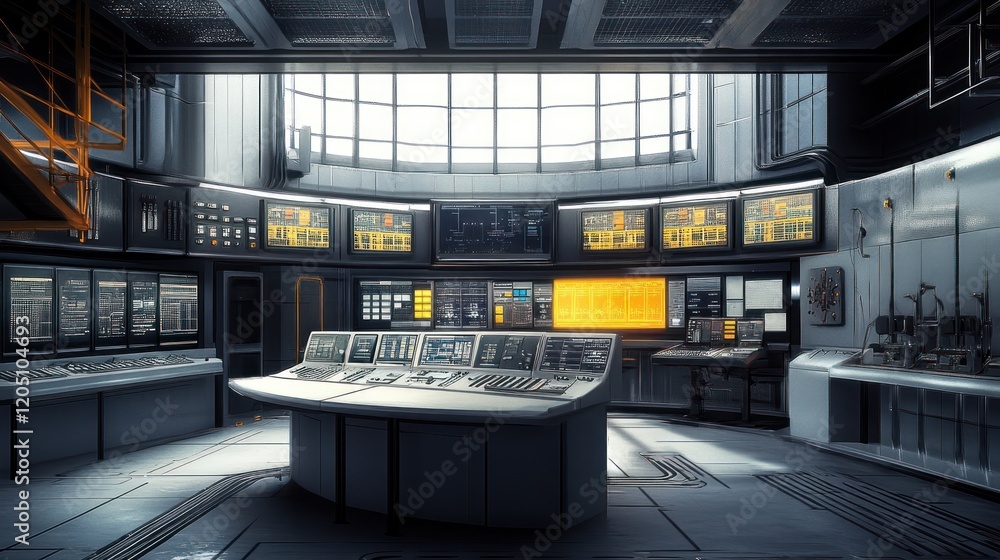 Poster futuristic control room with extensive monitoring systems