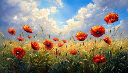 Obraz premium A vibrant field of red poppies swaying in a gentle breeze under a blue sky.