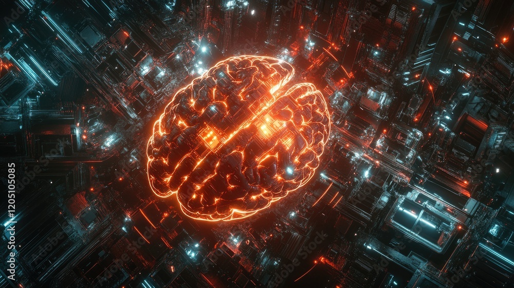 Poster illuminated brain within a futuristic circuit board
