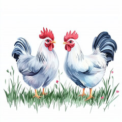 Fototapeta premium Illustration of the Domestic Chicken, soft watercolor tones, white background, detailed illustration, cartoonish.