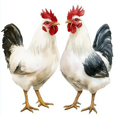 Fototapeta premium Illustration of the Domestic Chicken, soft watercolor tones, white background, detailed illustration, cartoonish.