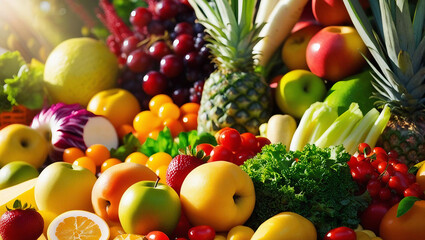 Fruit & vegetable on wooden table background