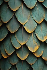 Naklejka premium Close-Up of Textured Green Feathers with Orange Edges in Abstract Pattern