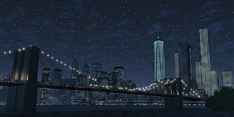 Obraz premium Nighttime cityscape featuring a bridge and skyscrapers under a starry sky.