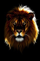 Fototapeta premium Majestic lion portrait, illuminated mane, dark background.