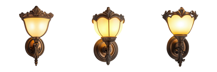 A Set of Modern Decorative Wall Sconces with Soft Yellow Glow Isolated on Transparent Background