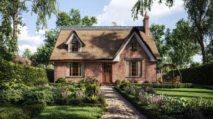 Fototapeta premium Cozy countryside cottage, thatched roof, brick walls, English design