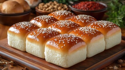 Freshly Baked Homemade Dinner Rolls with Sesame Seeds on Wooden Board