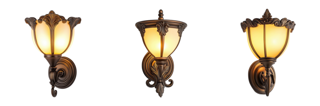 A Set of Beautiful Wall Sconces with Subtle Yellow Illumination Isolated on Transparent Background